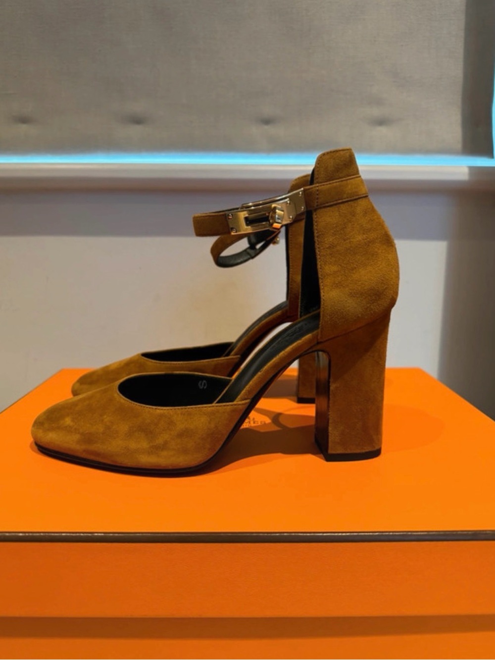 Hermes Suede Ankle-Strap Block Heel in Camel Brown